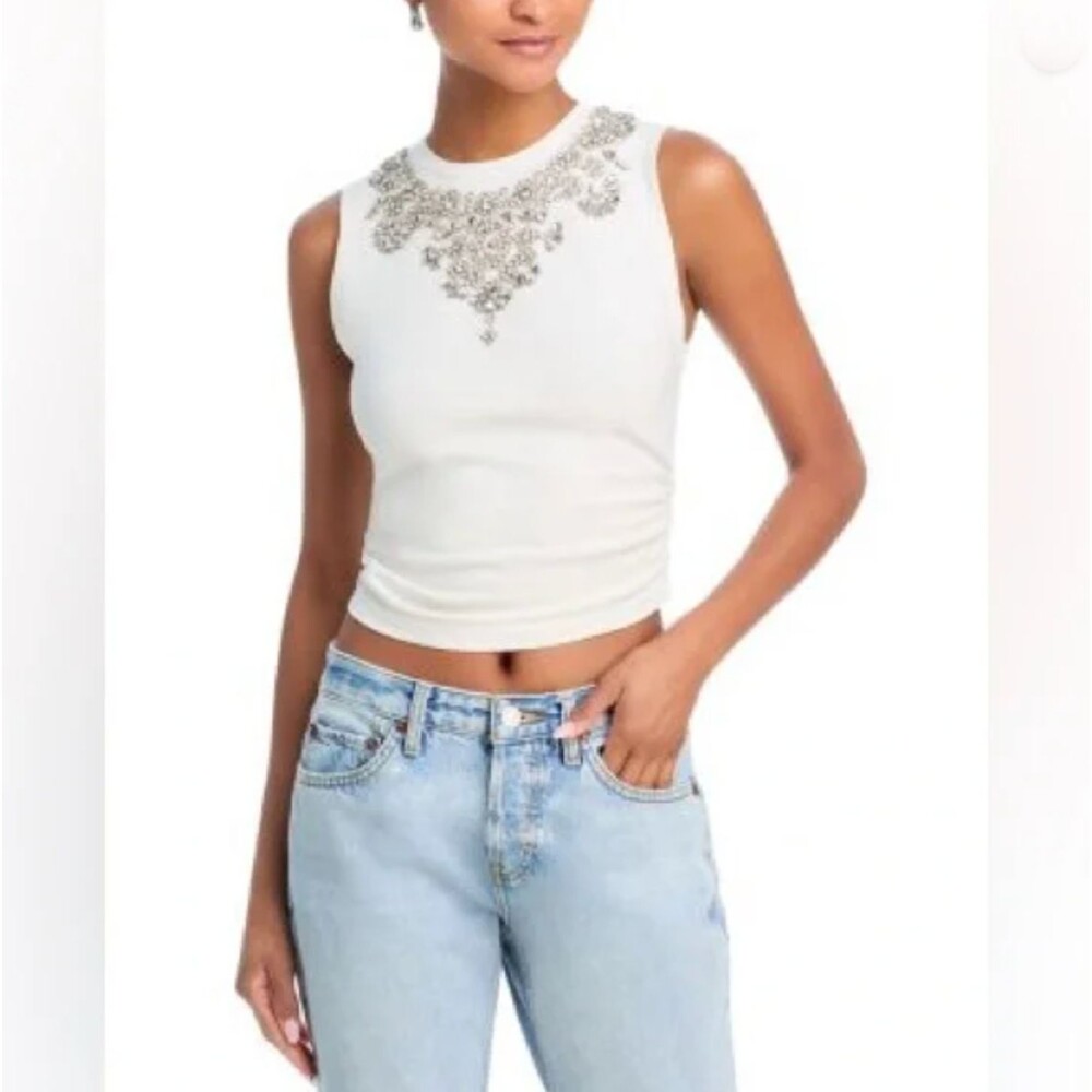 Alice + Olivia Kappa Embellished Tank Top Womens S Off White Rhinestone Ruched - Picture 2 of 15
